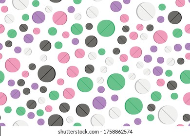 Seamless pattern with colorful pills. Dropping colorful red, blue, yellow, white pills isolated on white background. Design tile element for pharma web, banner, poster, presentation, textile, UI.