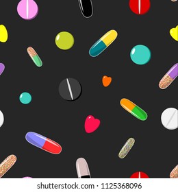 Seamless pattern of colorful pills on black cartoon style background vector illustration