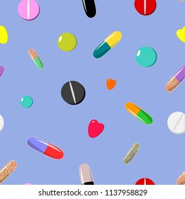Seamless pattern of colorful pills on blue cartoon style background vector illustration
