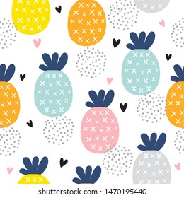 Seamless pattern with colorful pineapple on white background. Creative kids texture print for fabric, wrapping, textile, wallpaper, apparel. Vector illustration