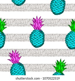 Seamless pattern with colorful pineapples and black dots. Vector illustration