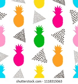 Seamless pattern with colorful pineapples and black triangles. Vector illustration