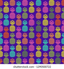 Seamless pattern with colorful pineapples. Fresh Pineapples background.  Tropical pattern. Summer design. Bright and juicy Vector Illustration. Great for fabric, packaging, wallpaper, invitations.