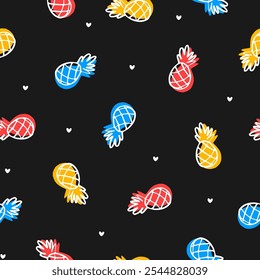 Seamless pattern with colorful pineapples and hearts