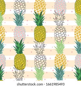 Seamless pattern with colorful pineapples on stripes and stars