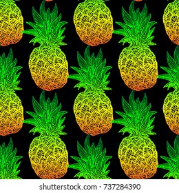 Seamless pattern with colorful pineapples on a black background. Vector swatch, print for fabric or gift wrap