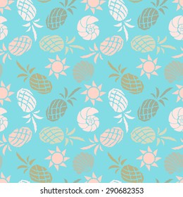 Seamless pattern with colorful pineapples, sun, sea shells. Summer print, repeating background texture, wallpaper