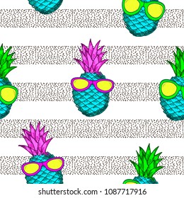 Seamless pattern with colorful pineapples with sunglassess and black dots. Vector illustration