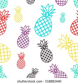 Seamless pattern with colorful pineapples. Tropical fruit on a white background