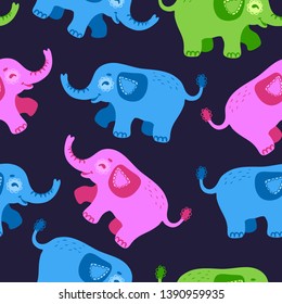 Seamless pattern colorful pink blue green elephants characters, cute wildlife illustration for children print, poster, card, web. On dark background. Vector
