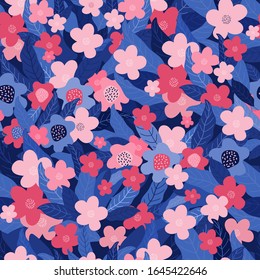 Seamless pattern of colorful pink and blue flowers and leaves. Spring or summer background. Flower meadow. Hand-drawn flat illustration in Scandinavian style. Design textiles, fabric, packaging paper