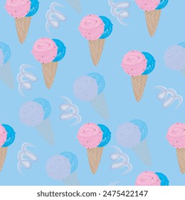 Seamless pattern with colorful (pink and blue) ice cream in a waffle cone. Vector graphics for fabric, background, paper, wrapping