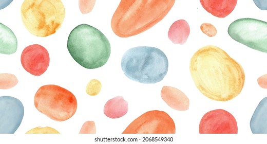 Seamless pattern with colorful, pink, red, blue, yellow, green watercolor circles, dots, natural forms. Endless background for fabric, wallpaper, packaging paper, cover.
