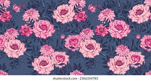 Seamless pattern with colorful pink, red peonies flowers and leaves pattern. Artistic, ornate, feminine, floral background. Floral tapestry. Vector hand drawn. Template for design, textile, fashion