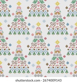 Seamless pattern of colorful pixel art Christmas trees decorated with ornaments and snowflakes.