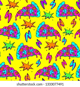 Seamless pattern with colorful pizza slices and lightning strikes. Yellow background.