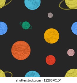 Seamless pattern with colorful planets and other space objects on black background. Backdrop with celestial bodies hand drawn in dotwork style. Vector illustration for wrapping paper, fabric print.