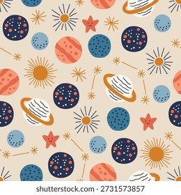 Modelo inconsútil con los planetas coloridos, las estrellas, el sol, las constelaciones en el fondo blanco. Perfecto para el Fondo de pantalla, papel de regalo, tarjetas de felicitación de los niños. Vector dibujado a mano ilustración