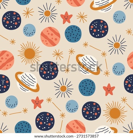 Seamless pattern with colorful planets, stars, sun, constellations on white background. Perfect for wallpaper, gift paper, children greeting cards. Vector hand drawn illustration