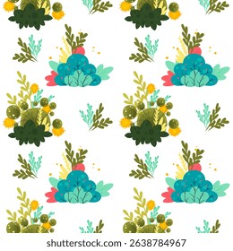 A seamless pattern of colorful plants and foliage. The design features various green leaves, flowers, and abstract shapes on a white background.