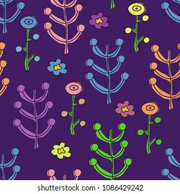 Seamless pattern from colorful plants on a purple background