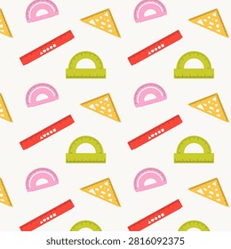 Seamless pattern with colorful plastic school rulers and protractors on light background for geometry stationery