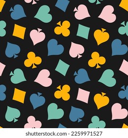 Seamless pattern with colorful playing card symbols and black background