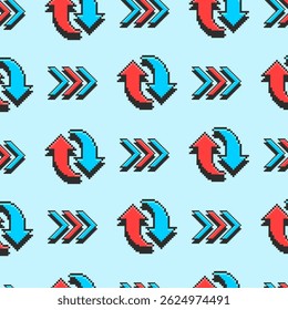 Seamless pattern of colorful pointer arrows. Pixel retro illustration on blue background