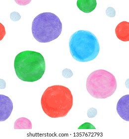 Seamless pattern with colorful polka dots on transparent background. Watercolor. Chaotic placement. Vector image. Eps 8