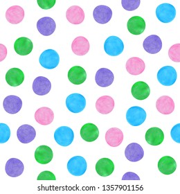 Seamless pattern with colorful polka dots on transparent background. Watercolor. Chaotic placement. Vector image. Eps 8