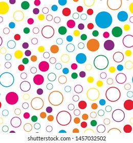 Seamless pattern with colorful polka dots and circles. Cute baby background for print on fabreic, textile, gift wrapping. VEctor illustration