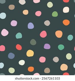 Seamless pattern with colorful polka dots on black background. Hand drawn polka dots for wrapping paper, fabric, card.