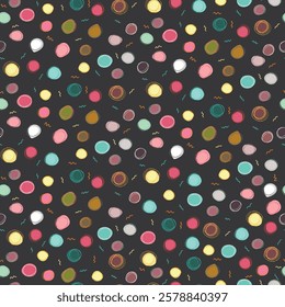 Seamless pattern with colorful polka dots on black background. Hand drawn polka dots for wrapping paper, fabric, card.