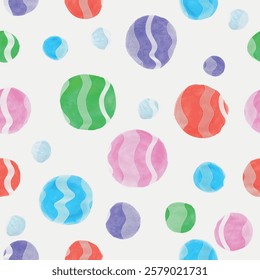 Seamless pattern with colorful polka dots and wave lines on white background. Watercolor. Chaotic placement. Vector image.