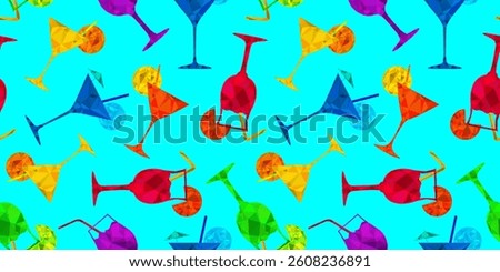 seamless pattern with colorful polygonal summer cocktails on turquoise background, bright geometric design perfect for party themes, beach bars and invitations