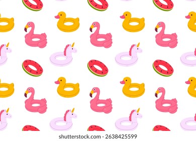 Seamless pattern with colorful pool floats shaped like duck, flamingo, unicorn, and watermelon, perfect for summer wrapping, kids' prints, and fabric designs