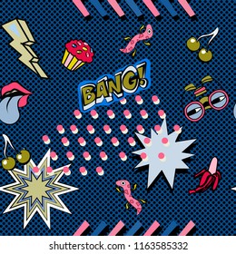 Seamless pattern with colorful pop art objects with cakes, stars,  skulls, lizard, binoculars