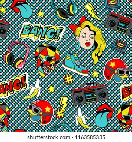 Seamless pattern with colorful pop art objects with headphones, girl. stars,  cassette, skulls