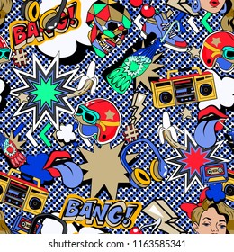 Seamless pattern with colorful pop art objects with cakes, headphones, girl. stars,  cassette, skulls, lizard, binoculars