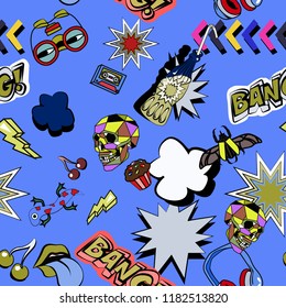 Seamless pattern with colorful pop art objects with cakes, headphones, drinks, stars,  cassette, skulls, lizard, binoculars, bugs