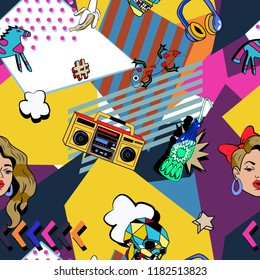 Seamless pattern with colorful pop art objects with cakes, headphones, girl, stars,  cassette, skulls, clouds