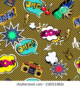 Seamless pattern with colorful pop art objects with cakes, headphones, stars, cherries, words, bugs, drinks