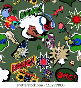 Seamless pattern with colorful pop art objects with cakes, headphones, stars,  cassette, skulls, lizard, binoculars, birds