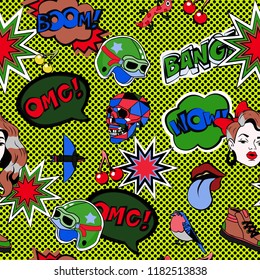 Seamless pattern with colorful pop art objects with cakes, headphones, girl, stars,  cassette, skulls, lizard, shoes, birds, cherry
