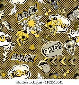 Seamless pattern with colorful pop art objects with cakes, headphones, stars,  skulls, letters 