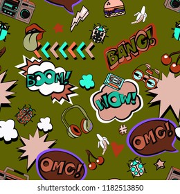Seamless pattern with colorful pop art objects with cakes, headphones, stars,  cassette, skulls, lizard, binoculars,lips