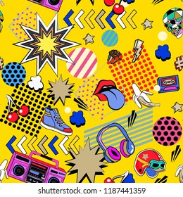 Seamless pattern with colorful pop art objects with clouds, stars, lips, shoes, headphones, cherries, bananas - Powered by Shutterstock - Get 15% off with code: PIKWIZARD15