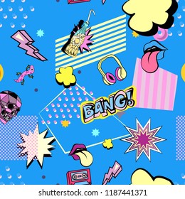 Seamless pattern with colorful pop art objects with clouds, stars, lips, lizard, circle, skulls, headphones 