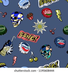 Seamless pattern with colorful pop art objects with lips, clouds, stars,  skull, bottle cap, bottles, cakes, words, cherry  