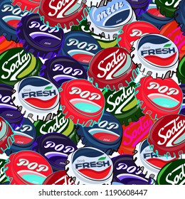 Seamless pattern with colorful pop art objects different bottle caps  